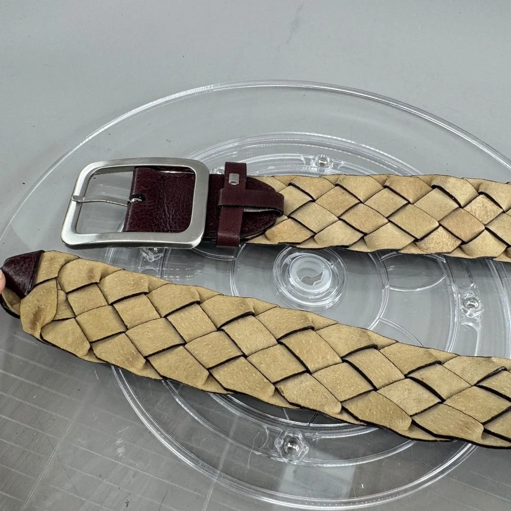 Unbranded Unisex Woven Braided Leather Belt Silver Buckle Burgundy Wine Size 28